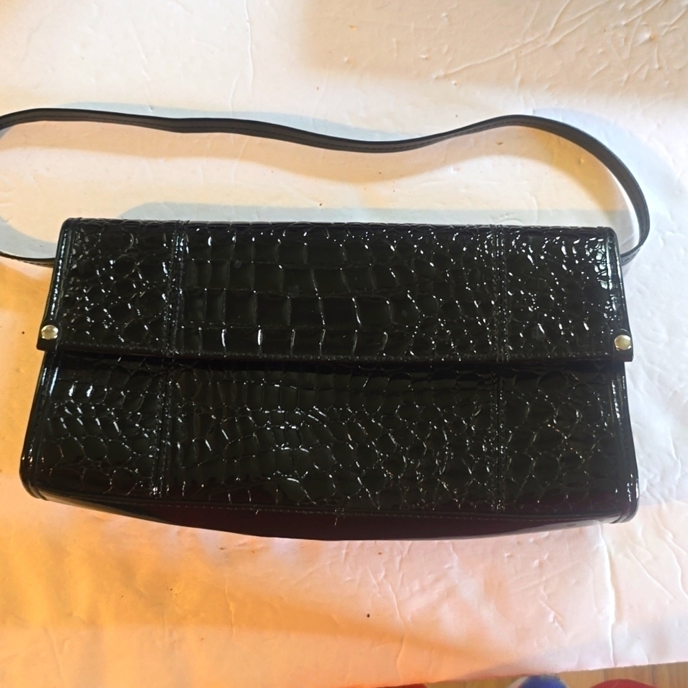 Black Faux Croc Embossed Neutral Clutch Purse Strap Evening Bag Sz.Large